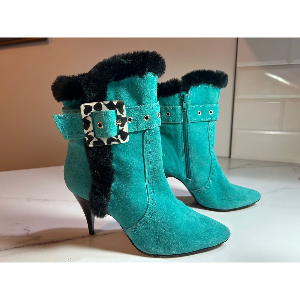 Vtg Turquoise Suede Faux Fur Trim Ankle Boots Animal Print Buckle Stiletto Heels